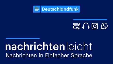 Die Schrift "nachrichtenleicht. Nachrichten in Einfacher Sprache" mit dem Logo vom Deutschlandfunk. Dazu Zeichnungen zum Internet, Kopfhörer, Instagram und WhatsApp.