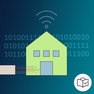 Das Bild ist eine Zeichnung. Das Thema ist: „Glas•faser-Anschluss an ein Haus“. Der Hintergrund ist dunkel•blau. Auf dem Hintergrund sind viele Zahlen. Aber nur: Die Zahlen 0 und 1. Das ist ein Symbol für Daten. Man sieht ein Haus und ein dickes Kabel. In dem Kabel sind viele kleine Kabel. Das ist ein Glas•faser-Kabel. Dazu rechts unten im Bild: Das SWR-Zeichen für Leichte Sprache. Es ist ein weißer Kreis. Darin ist eine blaue Zeichnung: Ein Kopf hinter einem Buch. Auf dem Buch ist ein Häkchen.