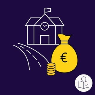 Eine Zeichnung mit einem Sack voll Geld. Das Geld ist ein Symbol für Steuern. Daneben eine Straße. Dahinter ein Gebäude mit einer Fahne und einer Uhr. Rechts unten das SWR-Logo für Leichte Sprache.  