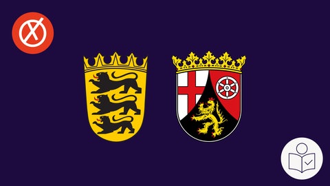 Zeichnung: Das Wappen von Baden-Württemberg ist neben dem Wappen von Rheinland-Pfalz. Der Hintergrund ist blau. Links oben ein weißes Kreuz auf einem roten Kreis. Rechts unten das SWR Logo für Leichte Sprache. 