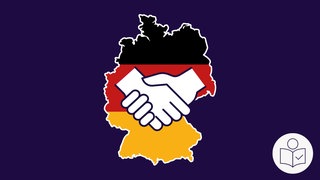Eine Zeichnung der Deutschland·karte in schwarz-rot-goldener Farbe. In der Mitte zwei verschränkte Hände. Rechts unten das SWR-Logo für Leichte Sprache. 