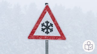 Ein Verkehrs·schild zeigt eine Schneeflocke. Das Schild soll vor Eis- oder Schnee·glätte warnen. Im Hintergrund ist ein verschneiter Wald. Rechts das SWR-Logo für Leichte Sprache.