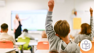 Das ist ein Beispiel·bild: Ein Grund·schüler von hinten fotografiert im Klassen·zimmer. Er hebt die Hand. Rechts das SWR Logo für Leichte Sprache.