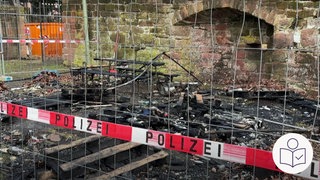 Ein Feuer hat in Kaiserslautern Schlaf·plätze von Wohnungs·losen zerstört. Das Bild zeigt die Brand·stelle nach dem Feuer. Auf dem Boden liegen verbrannte Dinge. im Vordergrund Absperrband von der Polizei. Rechts das SWR Logo für Leichte Sprache.