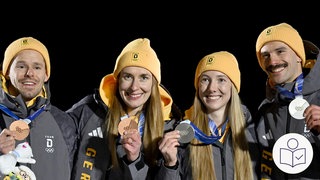 Die Skeleton-Sportler mit ihren Medaillen: Von links Christopher Grotheer, Jaqueline Pfeifer, Susanne Kreher und Axel Jungk. Rechts das SWR Logo für Leichte Sprache. 