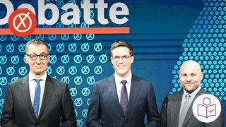 Die drei Spitzen·kandidaten für die Landtags·wahl in Baden-Württemberg. Links Cem Özedmir. Mittig Manuel Hagel. Rechts Markus Frohnmaier. Unten Rechts das SWR Logo für Leichte Sprache.