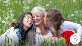 Eine Frau und zwei Mädchen sitzen auf einer Wiese. Die Mädchen umarmen die Frau. Die drei sehen glücklich aus. Die glücklichsten Menschen auf der Welt leben in Finnland. Rechts das SWR Logo für Leichte Sprache. 
