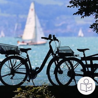 Ein Fahrrad mit einem Anhänger steht vor einem See. Im Hinter·grund fährt ein Segel·boot. Rechts das SWR Logo für Leichte Sprache. 