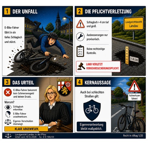 Ein Comic mit 4 Bildern. Der Comic erklärt ein Urteil vom Landgericht Landau. Auf den Bildern ist ein E-Bike-Fahrer. Der E-Bike-Fahrer fährt in ein Schlagloch. Er hat einen Unfall. 