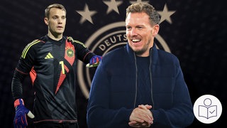 Trainer der Fußball-National·mannschaft Julian Nagelsmann im Bild rechts. Nagelsmann hat den WM-Kader bekannt gegeben. Links im Bild ist Torwart Manuel Neuer. Neuer steht wieder im Tor der Nationalmannschaft. Rechts das SWR Logo für Leichte Sprache.