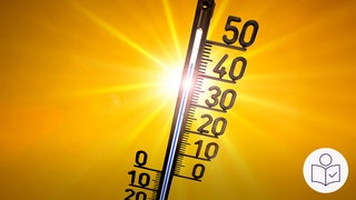 Das BIld zeigt ein Thermometer. Im Hinter·grund ist die Sonne. Die Anzeige steht auf über 40 Grad. Rechts das SWR Logo für Leichte Sprache. 