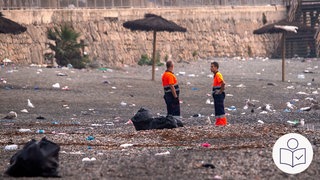 Das Bild zeigt einen leeren Strand. Auf dem Strand liegt viel Abfall. Zwei Männer in Arbeits·kleidung stehen an dem Strand. Rechts das SWR Logo für Leichte Sprache. 
