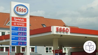 Eine Tank·stelle von Esso mit einer Preis·anzeige. Manche Tank·stellen halten sich nicht an die Preis·regeln. Rechts das SWR Logo für Leichte Sprache.