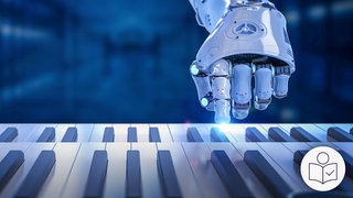 Das ist ein Beispiel·bild. Man sieht eine künstliche Hand über der Tastatur von einem Klavier. Rechts das SWR Logo für Leichte Sprache. 