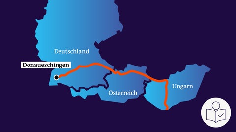 Eine Landkarte zeigt Deutschland, Österreich und Ungarn. Auf der Karte ist auch die Stadt Donauschingen und der Verlauf der Donau eingezeichnet. Rechts unten das SWR-Logo für Leichte Sprache.