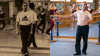 Armin ist seit 30 Jahren Balletttänzer. Links sieht man ein Schwarz-Weiß-Foto aus seinen Anfängen im Ballett. Rechts ist ein aktuelles Foto von ihm während einer Ballettstunde zu sehen.