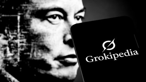 Ein Logo des Online-Lexikon Grokipedia, im Hintergrund Elon Musk
