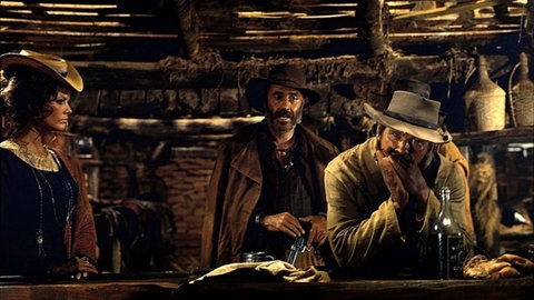 Claudia Cardinale, Jason Robards (M) und Charles Bronson während der Dreharbeiten zum Film - Spiel mir das Lied vom Tod -