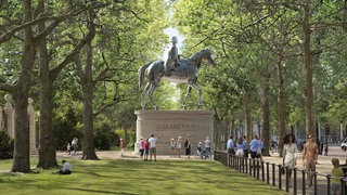 Eine künstlerische Darstellung des Denkmals für Königin Elizabeth II. zu Pferde im St. James's Park in London, gestaltet vom renommierten Architekten Norman Foster.