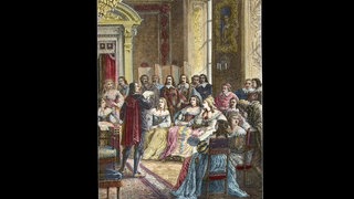 "Corneille liest seine Tragödie Polyeucte im Hôtel de Rambouillet vor Catherine de Vivonne, der Marquise de Rambouillet, und in Anwesenheit von Reitern und Geistlichen (Bossuet war ebenfalls einer der Stammgäste der Blauen Kammer)."  Bild: Francois Guizot