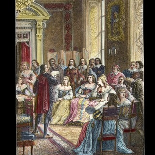 "Corneille liest seine Tragödie Polyeucte im Hôtel de Rambouillet vor Catherine de Vivonne, der Marquise de Rambouillet, und in Anwesenheit von Reitern und Geistlichen (Bossuet war ebenfalls einer der Stammgäste der Blauen Kammer)."  Bild: Francois Guizot