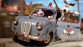 Die Szene aus dem Animationsfilm Wallace & Gromit - Auf der Jagd nach dem Riesenkaninchen" zeigt die beiden Protagonisten bei einer wilden Verfolgungsjagd.