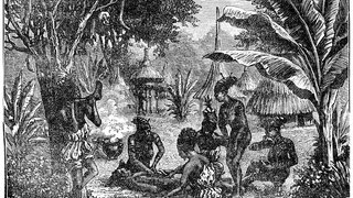 Kannibalen Zentralafrikas im Jahr 1870, Illustration mit Vintage-Gravur.