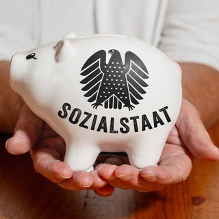 Ein weißes Sparschwein mit der Aufschrift Sozialstaat symbolisiert die staatliche Verantwortung für Absicherung, Umverteilung und die Finanzierung sozialer Leistungen in Deutschland.