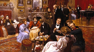 Gesellschaftliches Leben  Salon. Empfangstag. Holzstich, um 1890, nach Zeichnung von Paul Hey (1867-1952). Spätere Kolorierung. 