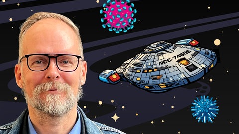 Collage Dath, Raumschiff und Planeten mit Sternen auf schwarzem Hintergrund