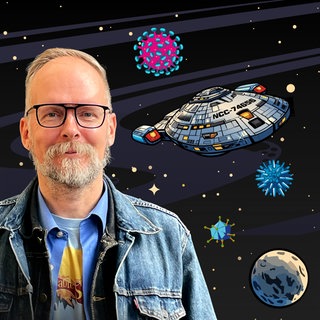 Collage Dath, Raumschiff und Planeten mit Sternen auf schwarzem Hintergrund