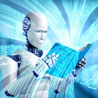 3D-Illustration eines Roboters, der ein Buch liest.