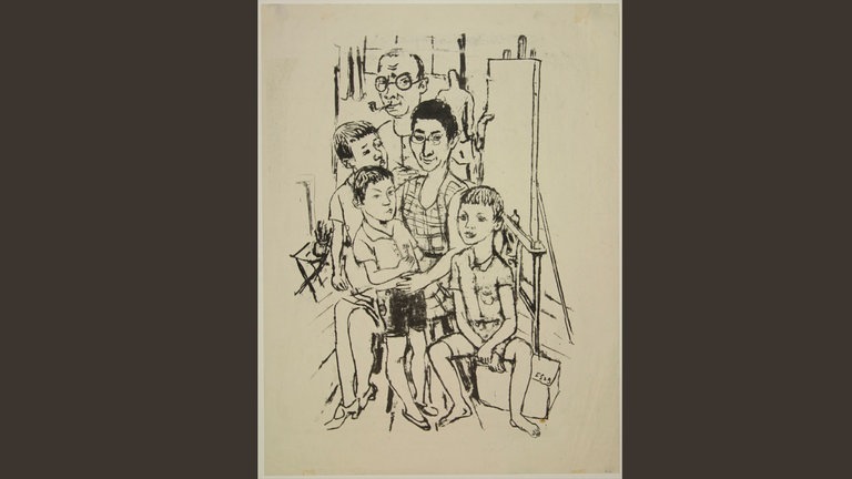 Fritz Steisslinger, Familienbild im Atelier, Lithografie, 1929