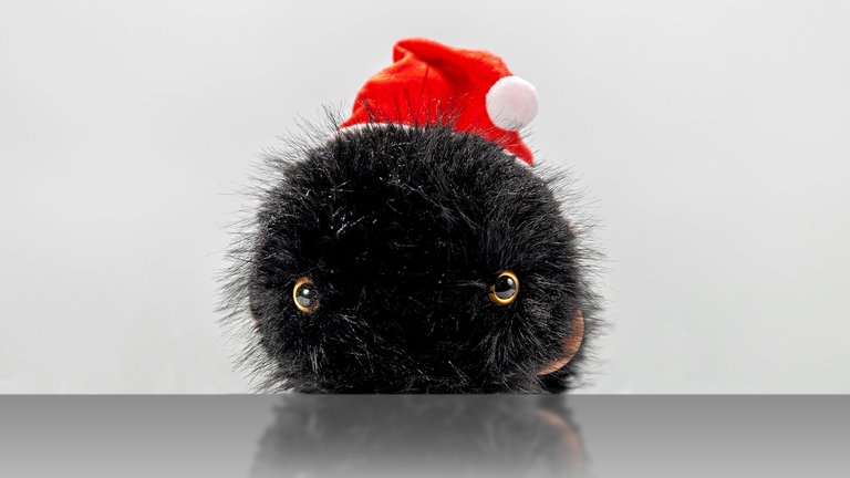 Plüsch trägt immer seine rote Weihnachtsmütze