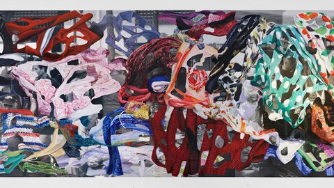Eva Rosenstiels großformatige Arbeit "Place (acta)" aus dem Jahr 2020 (Öl auf FotografieLeinwand, 130 x 380 cm).