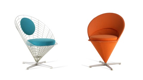 Verner Panton, Wire Cone Chair, 195859 (links) und Cone Chair, 1958