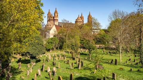 Jüdischer Friedhof, der sogenannte Heilige Sand, mit Wormser Dom im Hintergrund