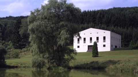 Modernes Haus in grüner Landschaft, im Vordergrund ein Teich