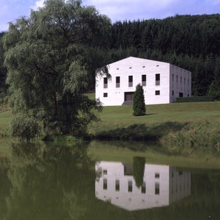 Modernes Haus in grüner Landschaft, im Vordergrund ein Teich
