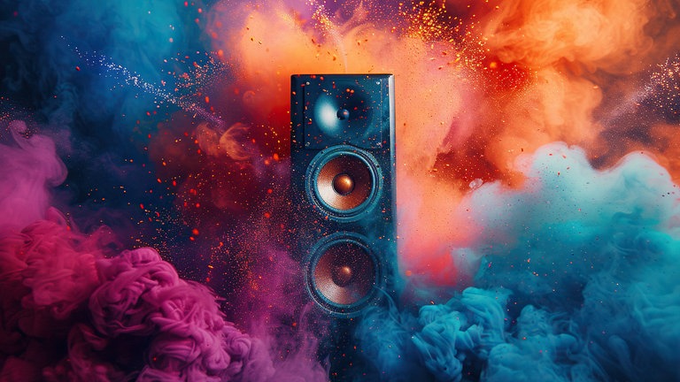 Lautsprecher in einer Explosion aus Farbe und leuchtend farbigem Rauch. Musik- und Klangkonzept. KI-generiert.