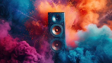 Lautsprecher in einer Explosion aus Farbe und leuchtend farbigem Rauch. Musik- und Klangkonzept. KI-generiert.