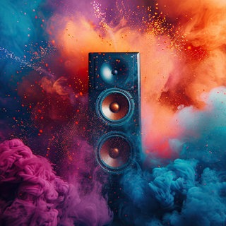 Lautsprecher in einer Explosion aus Farbe und leuchtend farbigem Rauch. Musik- und Klangkonzept. KI-generiert.