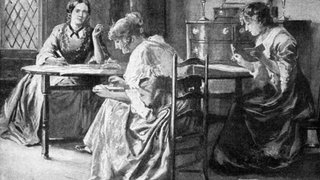 BRONTË SCHWESTERN. Charlotte (1816-1855), Emily Jane (1818-1848) und Anne (1820-1849) Brontë schreiben im Pfarrhaus in Haworth.