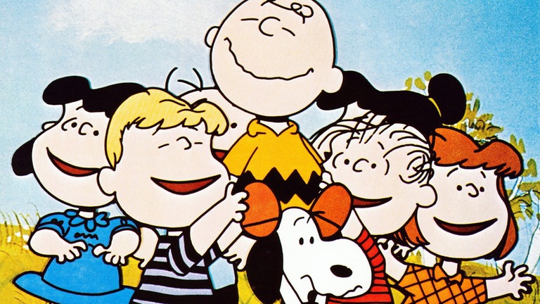 Die Peanuts 1969: Comic-Zeichnung mit Charlie Brown, Lucy, Schroeder, Snoopy, Violet, Linus, Patty