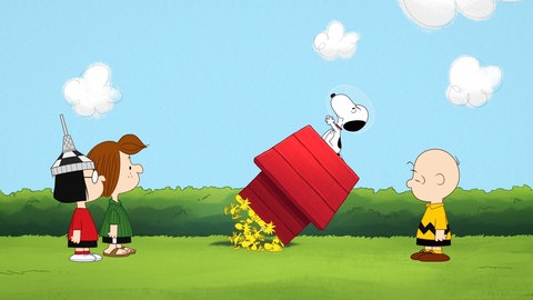 Die Peanuts als Filmseie: Snoopy auf der Hundehütte, dabei sind Marcie, Peppermit Patty, der Vogel Woodstock und Charlie Brown