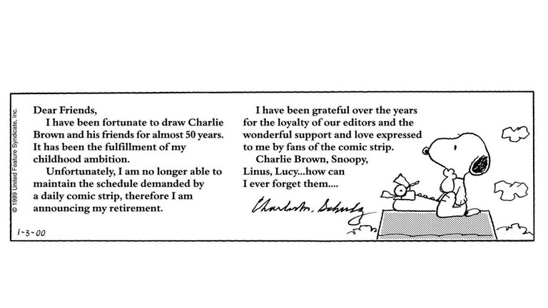 Der Cartoonist der Peanuts, Charles M. Schulz, verabschiedet sich mit einem Text und dem gezeichneten Snoopy