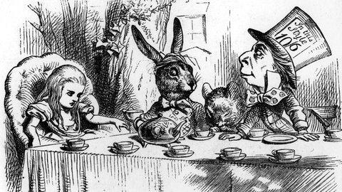 Illustration der Teegesellschaft aus "Alice im Wunderland" von John Tenniel