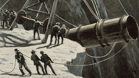 Illustration zu Jules Verne-Buch, Männer installieren eine Kanone in den Bergen