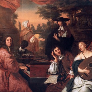 Gemälde Buxtehude - Allegorie auf die Freunschaft zwischen Buxtehude (mit Notenblatt) und dem Hamburger Amtskollegen aus St. Katharinen, Johann Adam Reincken (am Cembalo) und Johann Theile. 1674 von Johannes Voorhout.