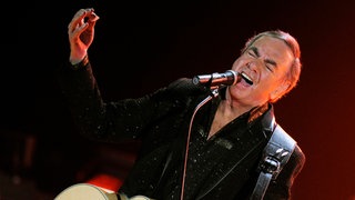Neil Diamond: Der Musiker singt in ein Mikrofon und spielt Gitarre.